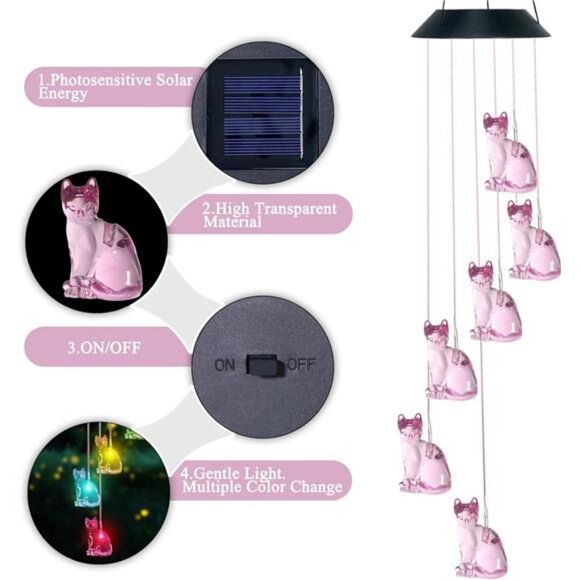 Cat Solar Wind Chimes for Outside Colors Changing Waterproof Decorative Lights - Picture 5 of 7